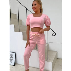 so solid - casual two piece set puff sleeves pretty crop top and elestic long pant summer set women drawstring tie bow outfits