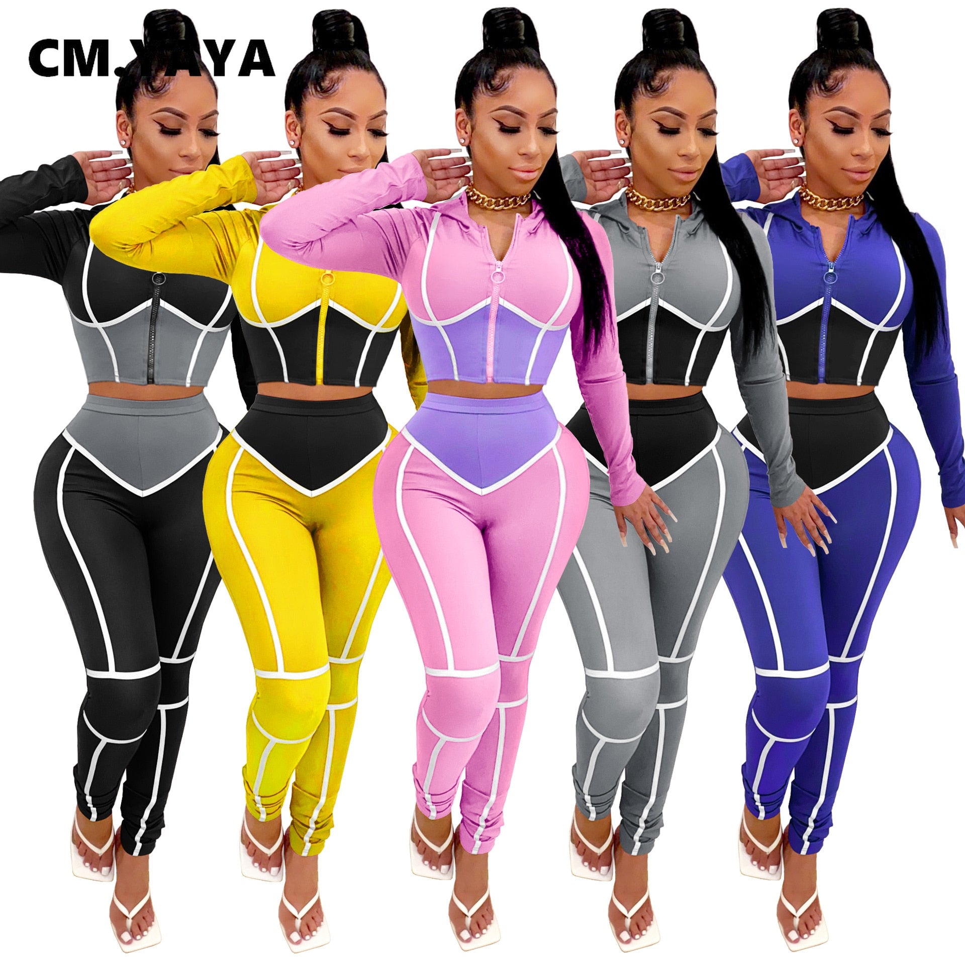 patch work it - sportwear patchwork women's set long sleeve zipper top jogger pant set tracksuit fitness two piece outfits matching set