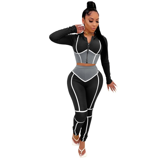 patch work it - sportwear patchwork women's set long sleeve zipper top jogger pant set tracksuit fitness two piece outfits matching set