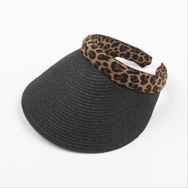 straw sun hats empty top hat suncreen empty top hat  shade cap outdoor sports net cap summer breathable fashion empty top hat lepoard black