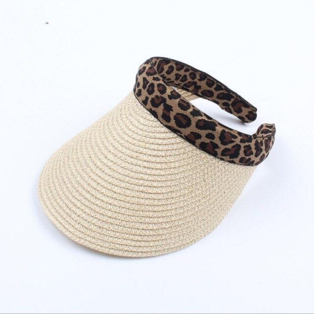 straw sun hats empty top hat suncreen empty top hat  shade cap outdoor sports net cap summer breathable fashion empty top hat lepoard beige