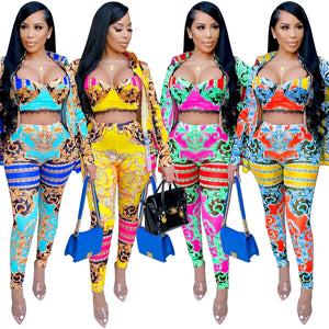 boujee print - 3 piece strap women's set retro pretty print sexy three piece set crop top long sleeve cloak and pencil leggings pants set suit outfit