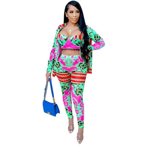 boujee print - 3 piece strap women's set retro pretty print sexy three piece set crop top long sleeve cloak and pencil leggings pants set suit outfit