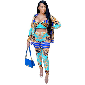 boujee print - 3 piece strap women's set retro pretty print sexy three piece set crop top long sleeve cloak and pencil leggings pants set suit outfit