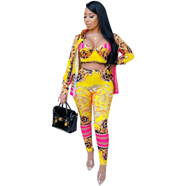 boujee print - 3 piece strap women's set retro pretty print sexy three piece set crop top long sleeve cloak and pencil leggings pants set suit outfit