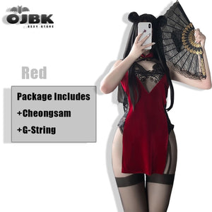 sexy cosplay chinese traditional dress for women gothic punk mini devil black red cheongsams party fashion solid color satin v red / one size