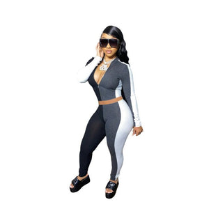 patch work it set - knitted patchwork women's set ribbed zipper long sleeve top legging pant set tracksuit fitness two piece matching set