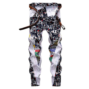 xclusive men's letters printed patchwork white jeans fashion colored painted slim straight denim pants