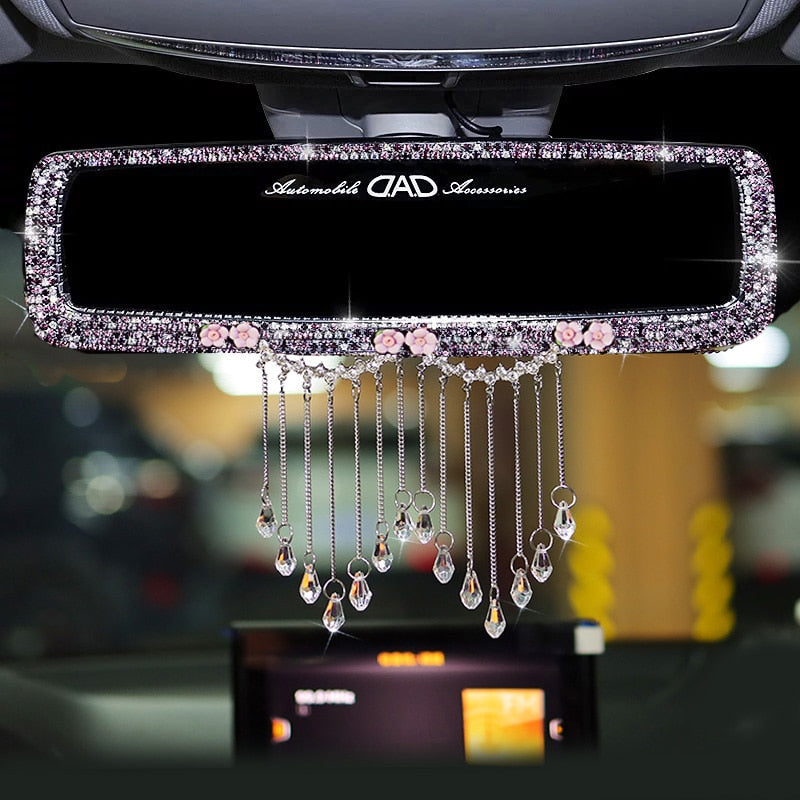 creative rhinestone tassels car interior rearview mirror decoration charm flower crystal rear mirror ornaments car accessories