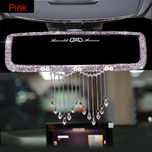 creative rhinestone tassels car interior rearview mirror decoration charm flower crystal rear mirror ornaments car accessories pink mirror