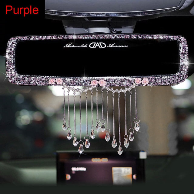 creative rhinestone tassels car interior rearview mirror decoration charm flower crystal rear mirror ornaments car accessories purple mirror