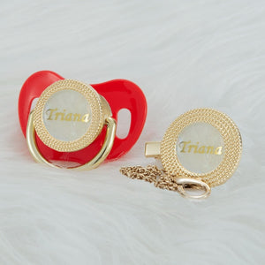 luxury paci - custom text/name - baby pacifier with clip - bpa free! red   6-18m