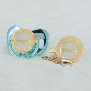 luxury paci - custom text/name - baby pacifier with clip - bpa free! gold blue   6-18m