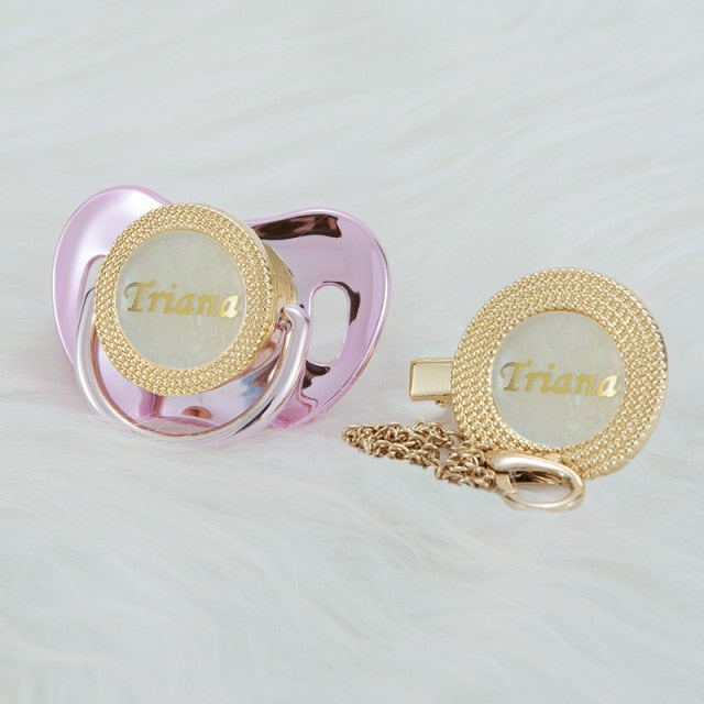 luxury paci - custom text/name - baby pacifier with clip - bpa free! gold pink  0-6m