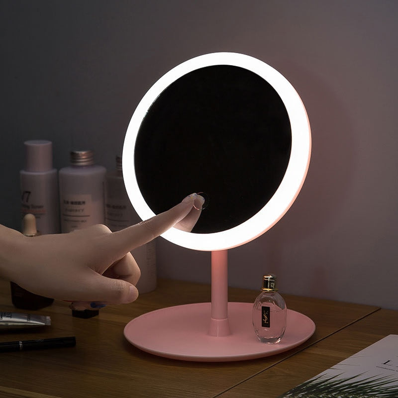 desktop vanity mirror with led light, pink student dormitory table makeup mirror ring shape