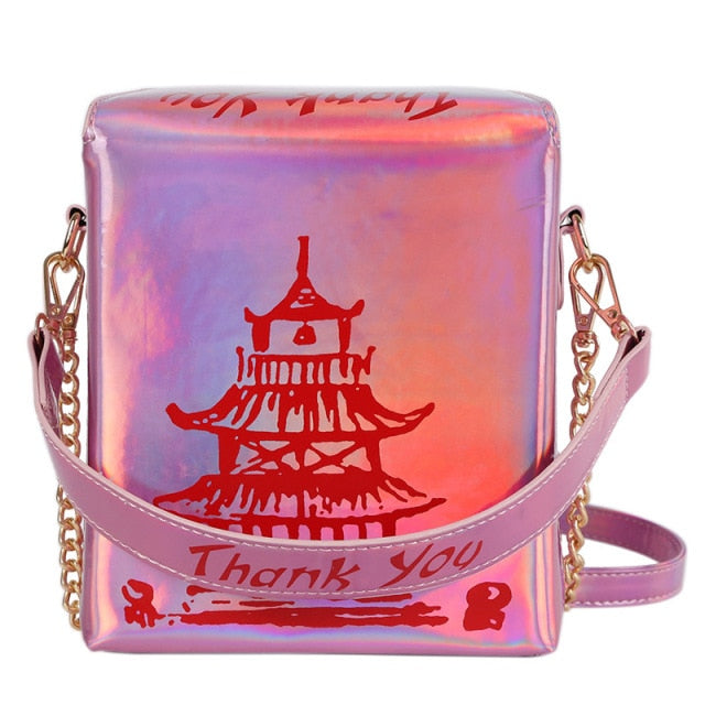 funny chinese tower print box women shoulder bags designer handbags chains crossbody messenger bag  lady cute laser small purses laser pink