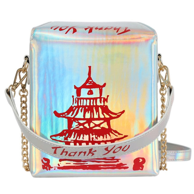 funny chinese tower print box women shoulder bags designer handbags chains crossbody messenger bag  lady cute laser small purses laser silver