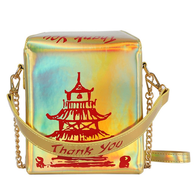 funny chinese tower print box women shoulder bags designer handbags chains crossbody messenger bag  lady cute laser small purses laser gold