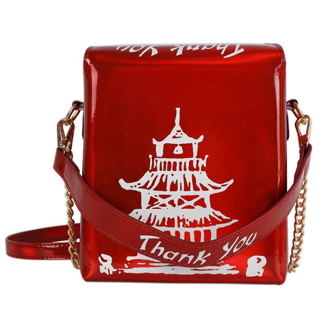 funny chinese tower print box women shoulder bags designer handbags chains crossbody messenger bag  lady cute laser small purses laser red