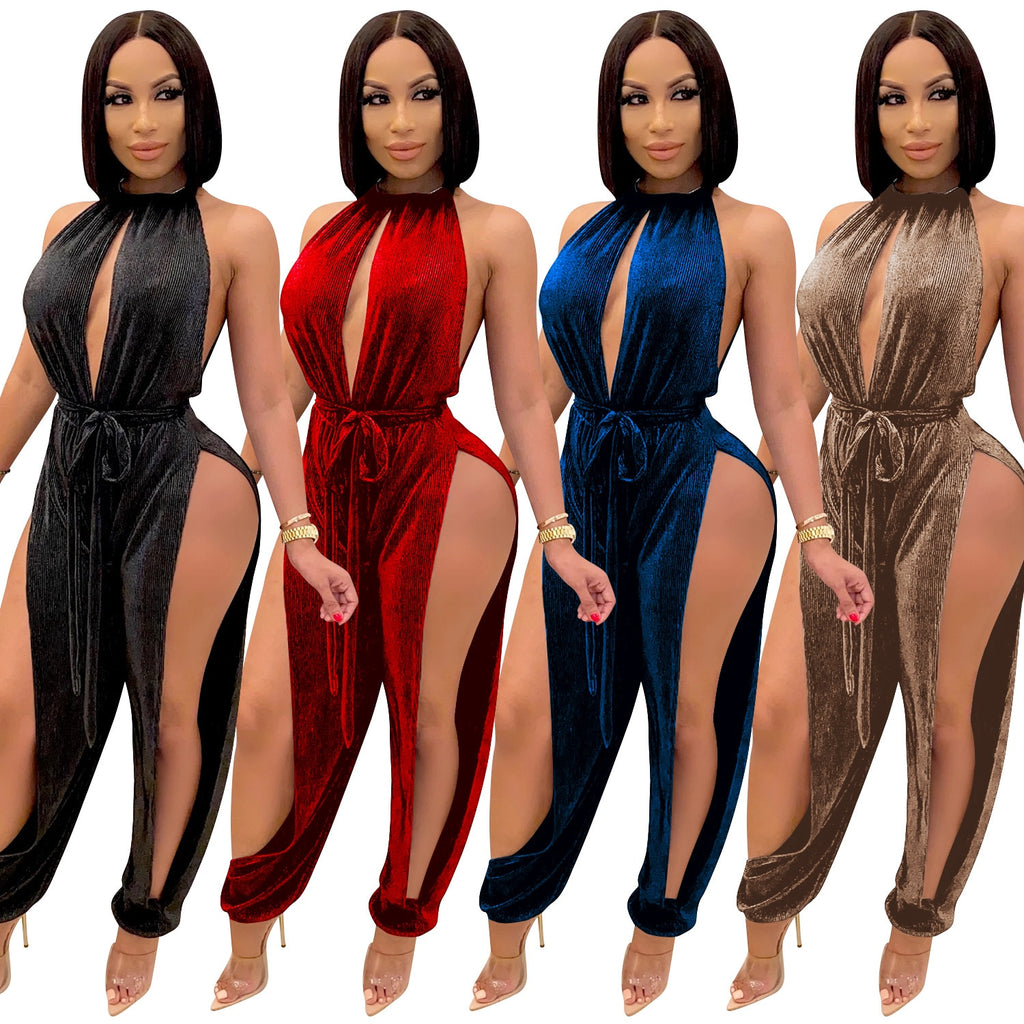 pretty hollow - club jumpsuits for women fashion autumn solid sexy jumpsuit halter party rompers and jumpsuits for women