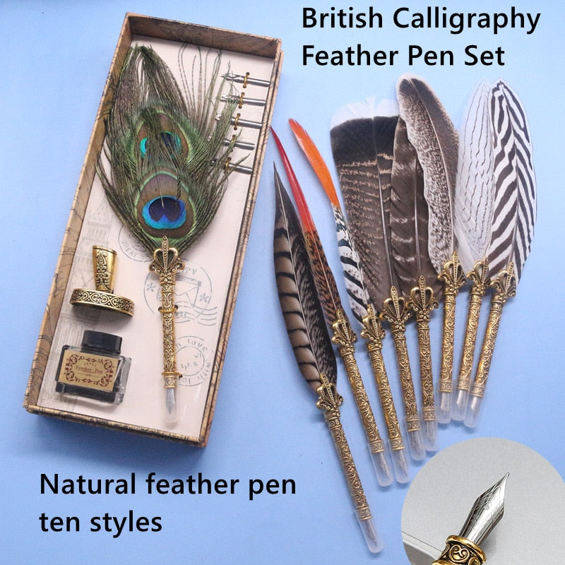 feather pen - natural peacock feather dipped in water pen set novel writing ink luxury gift