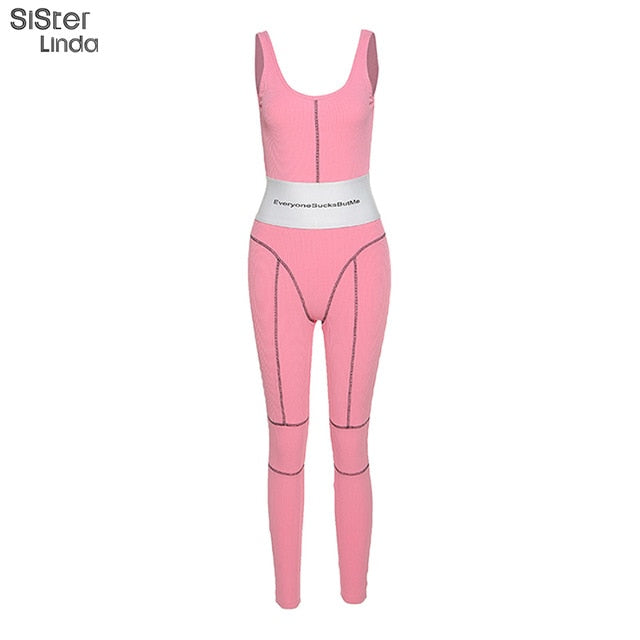 sisterlinda sporty women print letter jumpsuit fitness sportwear skinny sexy romper striped backless streetwear outfits playsuit