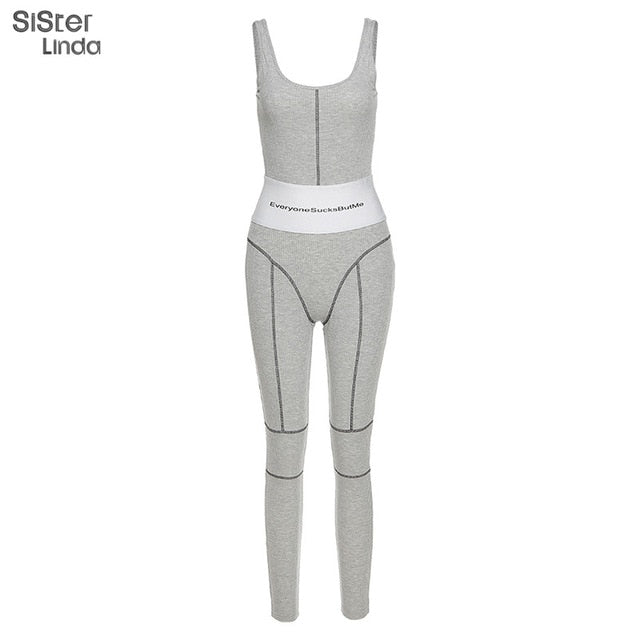 sisterlinda sporty women print letter jumpsuit fitness sportwear skinny sexy romper striped backless streetwear outfits playsuit