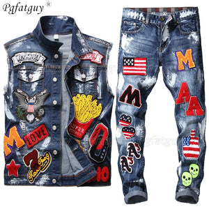 xclusive mens - jeans suit washed embroidered paint sets skull cowboy vest + small straight flag badge slim jeans street style 2 piece set