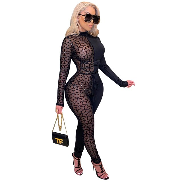 sexy diamonds mesh see though patchwork jumpsuit women's long sleeve lace up waist club party one piece overall bodycon outfits