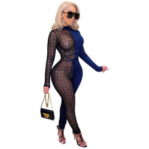 sexy diamonds mesh see though patchwork jumpsuit women's long sleeve lace up waist club party one piece overall bodycon outfits