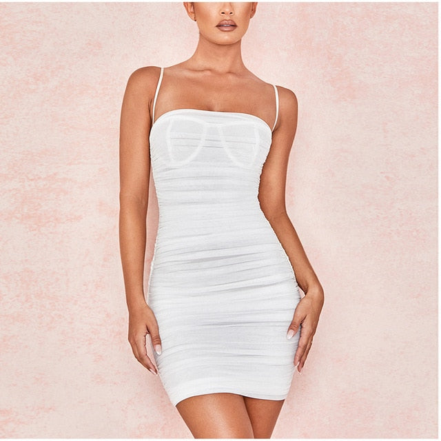 mesh summer dress 2020 straps sexy bodycon ruched dress woman party night club dress women vestidos fashion clothes