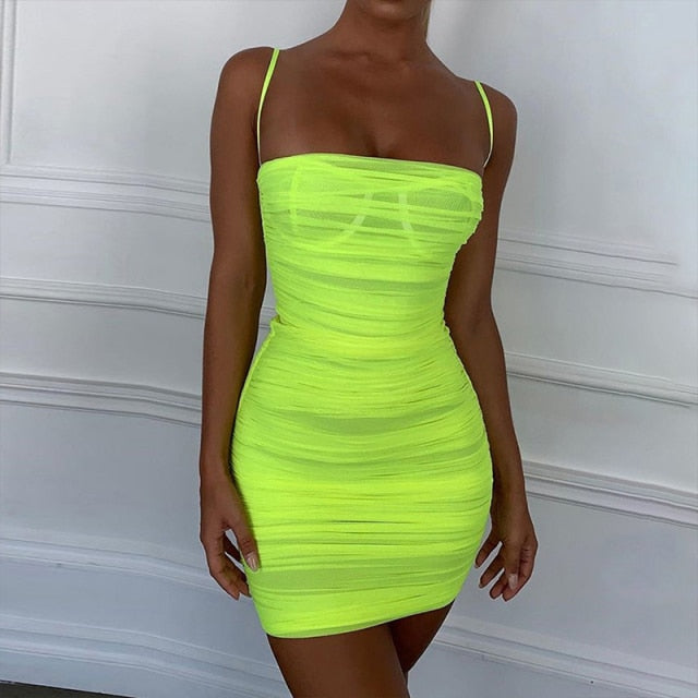 mesh summer dress 2020 straps sexy bodycon ruched dress woman party night club dress women vestidos fashion clothes