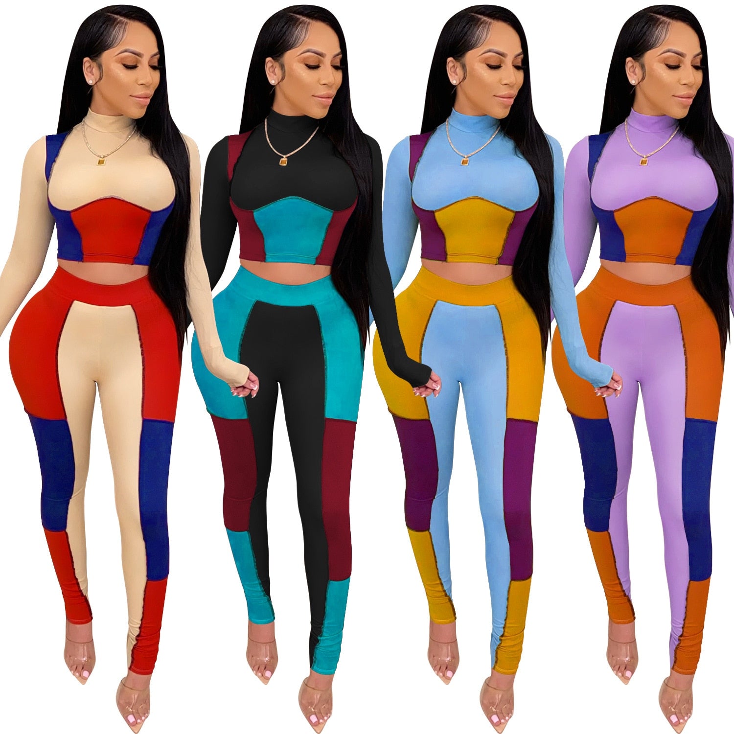 pretty patches - two piece set color slim set patchwork outfits set for women long sleeve sexy tight sexy skinny club party tracksuit