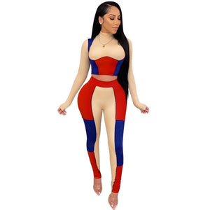 pretty patches - two piece set color slim set patchwork outfits set for women long sleeve sexy tight sexy skinny club party tracksuit