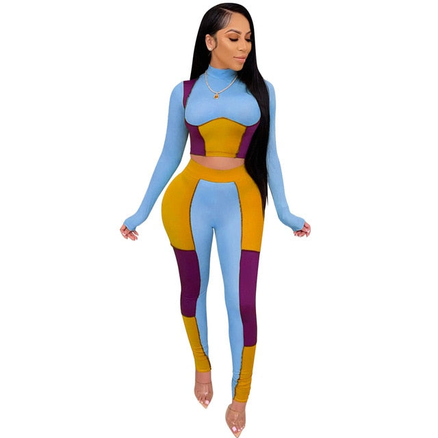 pretty patches - two piece set color slim set patchwork outfits set for women long sleeve sexy tight sexy skinny club party tracksuit