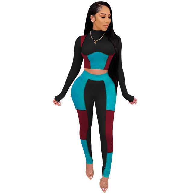 pretty patches - two piece set color slim set patchwork outfits set for women long sleeve sexy tight sexy skinny club party tracksuit