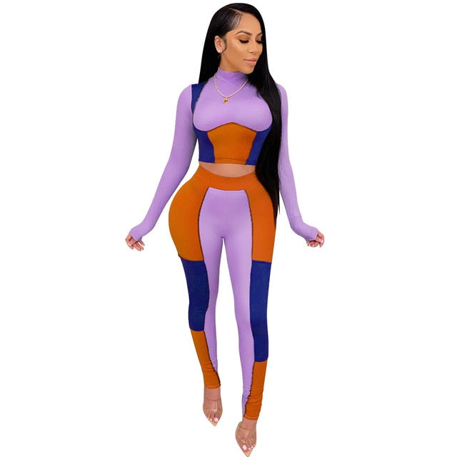 pretty patches - two piece set color slim set patchwork outfits set for women long sleeve sexy tight sexy skinny club party tracksuit