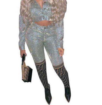 sparkle bae - two piece set solid sparkly turn-down collar blouse solid long pant sexy party outfit