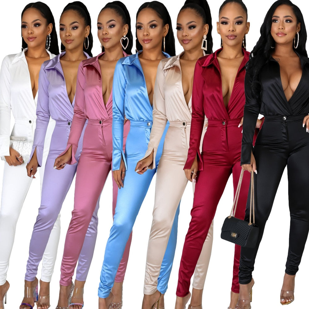 elite satin - two piece silk/casual - pretty bodysuit & pants set deep v neck bodysuit shirt + high waist pants two pieces party clubwear sets