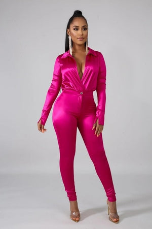 elite satin - two piece silk/casual - pretty bodysuit & pants set deep v neck bodysuit shirt + high waist pants two pieces party clubwear sets