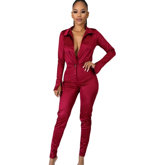 elite satin - two piece silk/casual - pretty bodysuit & pants set deep v neck bodysuit shirt + high waist pants two pieces party clubwear sets