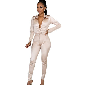 elite satin - two piece silk/casual - pretty bodysuit & pants set deep v neck bodysuit shirt + high waist pants two pieces party clubwear sets