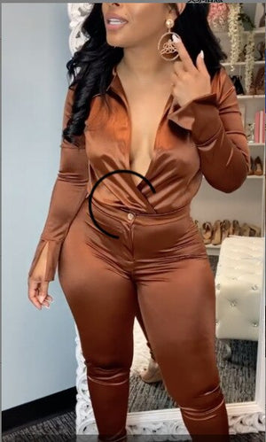 elite satin - two piece silk/casual - pretty bodysuit & pants set deep v neck bodysuit shirt + high waist pants two pieces party clubwear sets