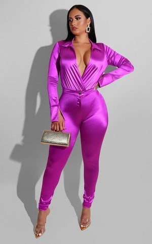 elite satin - two piece silk/casual - pretty bodysuit & pants set deep v neck bodysuit shirt + high waist pants two pieces party clubwear sets