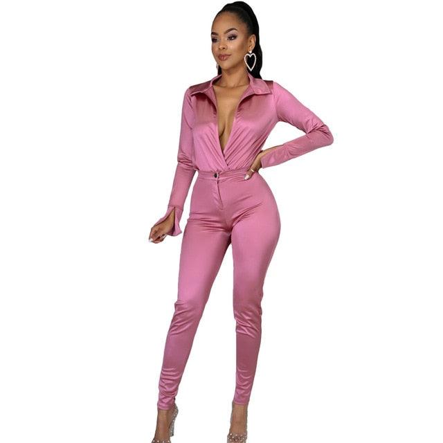 elite satin - two piece silk/casual - pretty bodysuit & pants set deep v neck bodysuit shirt + high waist pants two pieces party clubwear sets