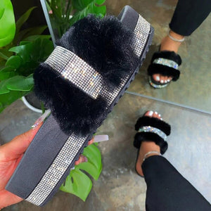 luxury designer women rhinestone slippers platform wedges heel solid fluffy slides outside sexy shoes ladies whosale