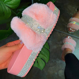 luxury designer women rhinestone slippers platform wedges heel solid fluffy slides outside sexy shoes ladies whosale