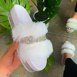 luxury designer women rhinestone slippers platform wedges heel solid fluffy slides outside sexy shoes ladies whosale