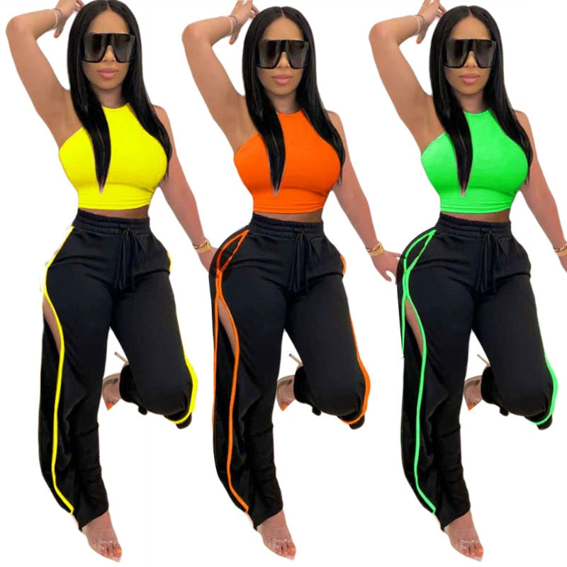 women 2 piece pants sets 2020 solid crop tank tops and side split sweatpants outfits woman two pieces sets tracksuits female