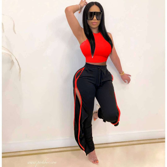 women 2 piece pants sets 2020 solid crop tank tops and side split sweatpants outfits woman two pieces sets tracksuits female